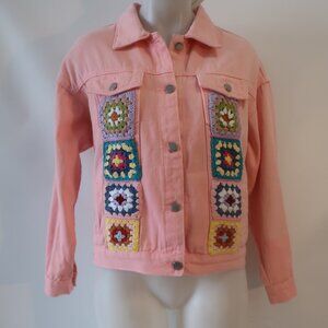 NWT Womens Regina (Item- 218) Pink Multicolor Crochet Motif Denim Jacket S